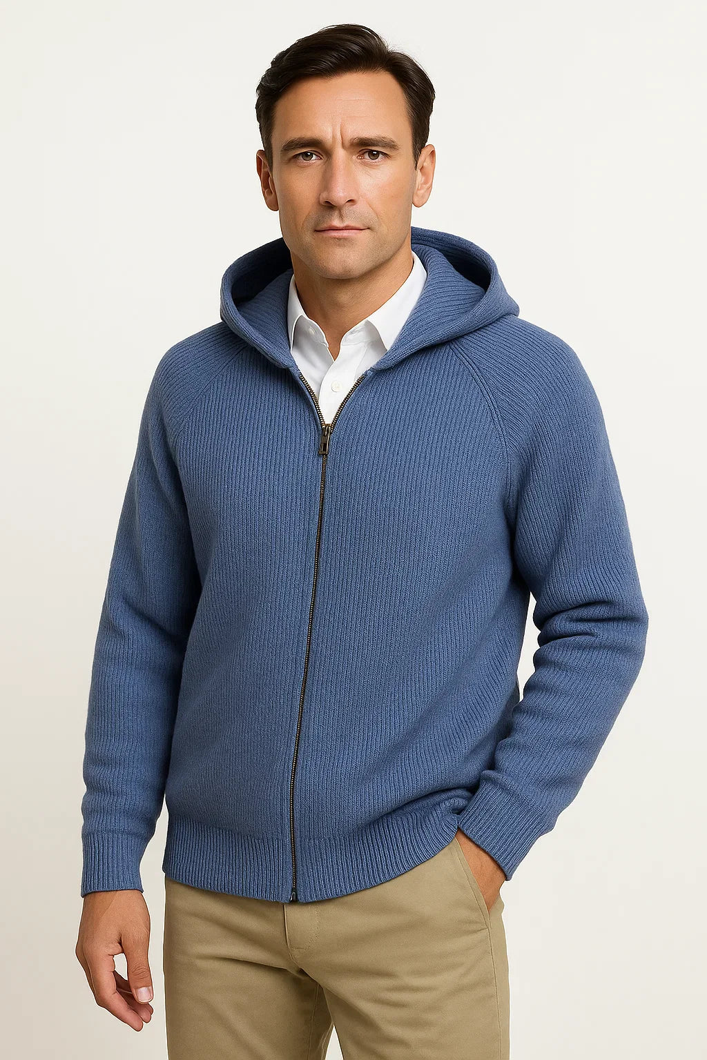 Men's Thick Knit Hooded Cardigan - Merino Wool Construction with Front Pockets