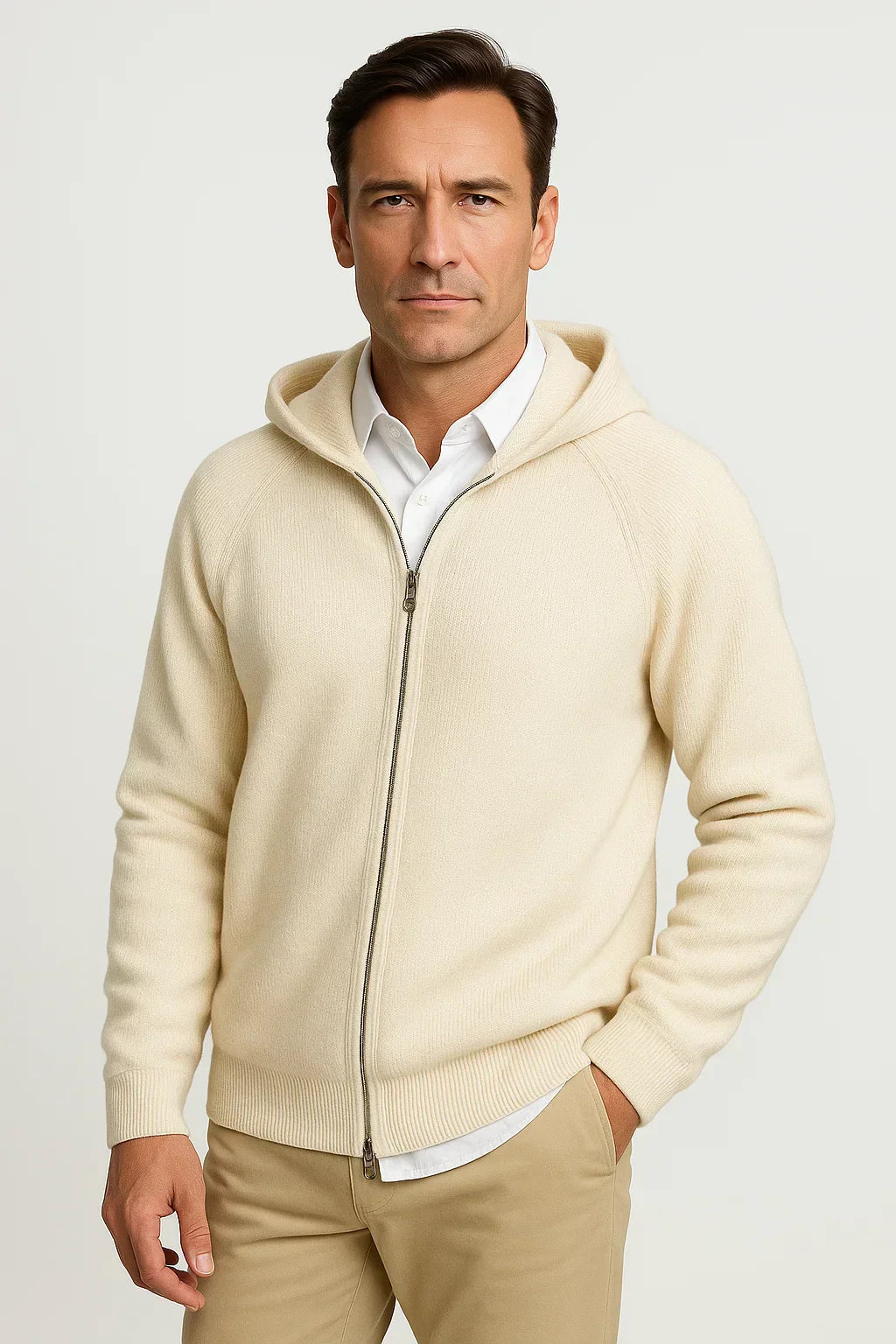 Men's Thick Knit Hooded Cardigan - Merino Wool Construction with Front Pockets