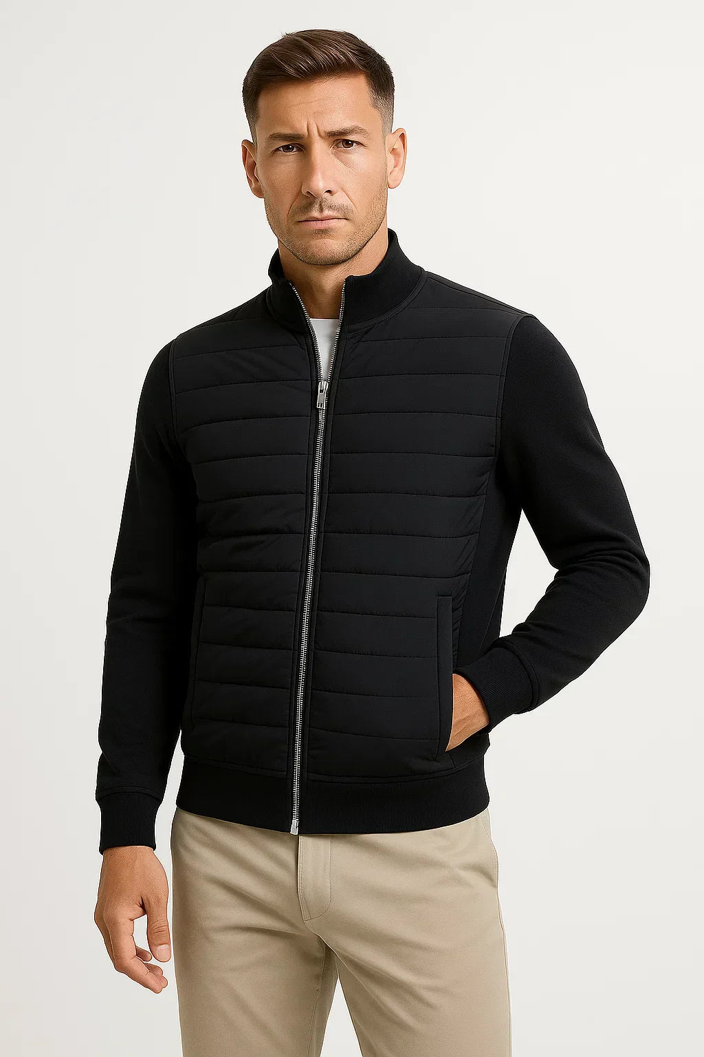Men's Hybrid Quilted Jacket with Knitted Sleeves and Zip Closure
