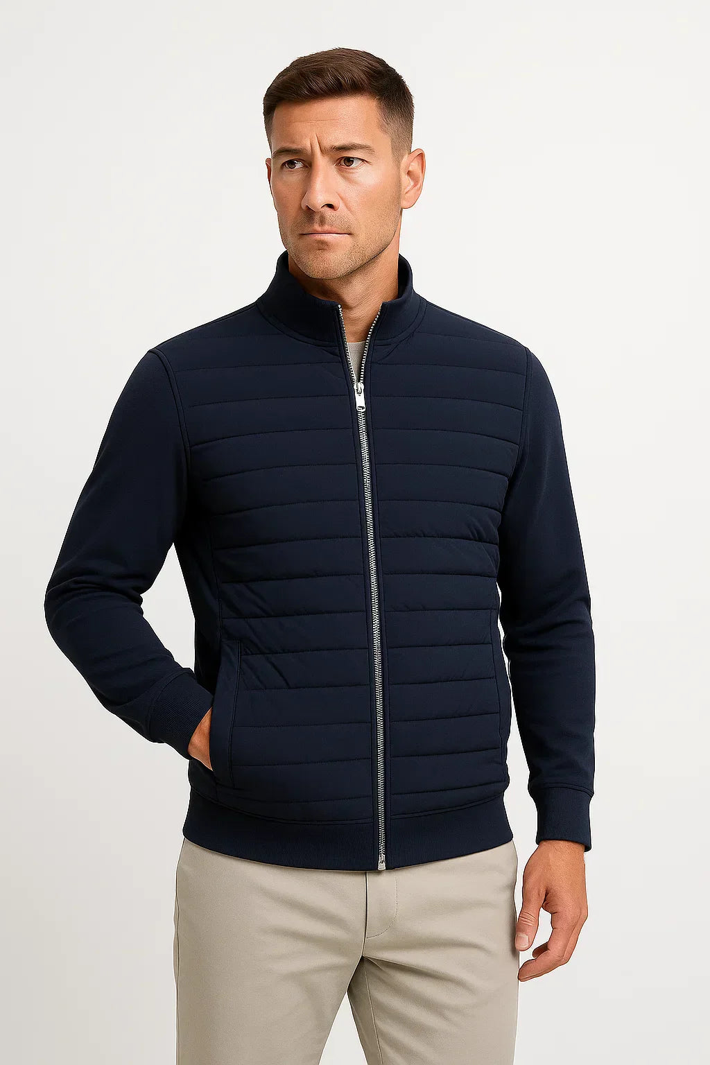 Men's Hybrid Quilted Jacket with Knitted Sleeves and Zip Closure