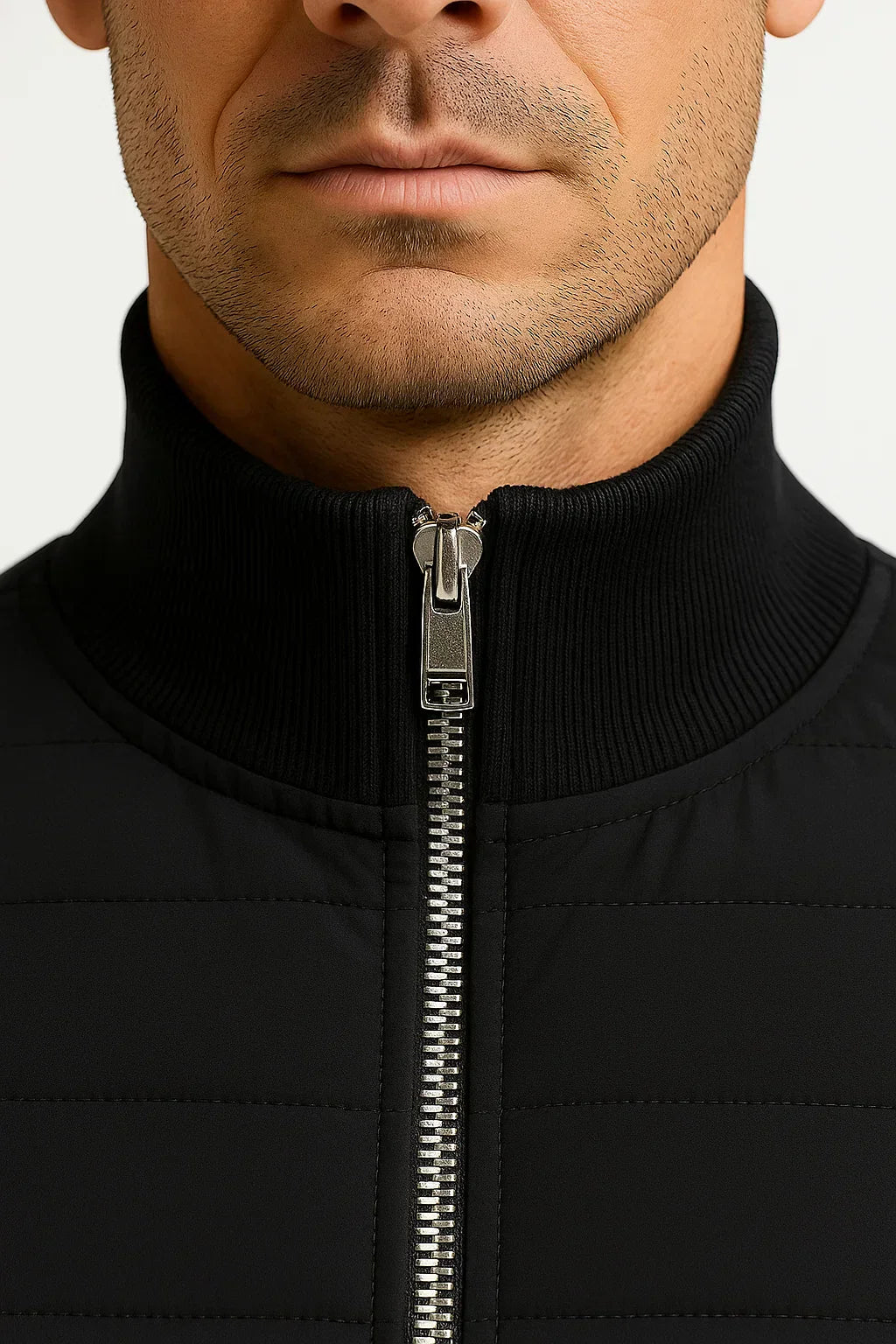 Men's Hybrid Quilted Jacket with Knitted Sleeves and Zip Closure