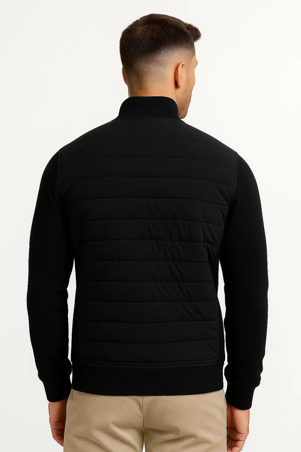 Men's Hybrid Quilted Jacket with Knitted Sleeves and Zip Closure