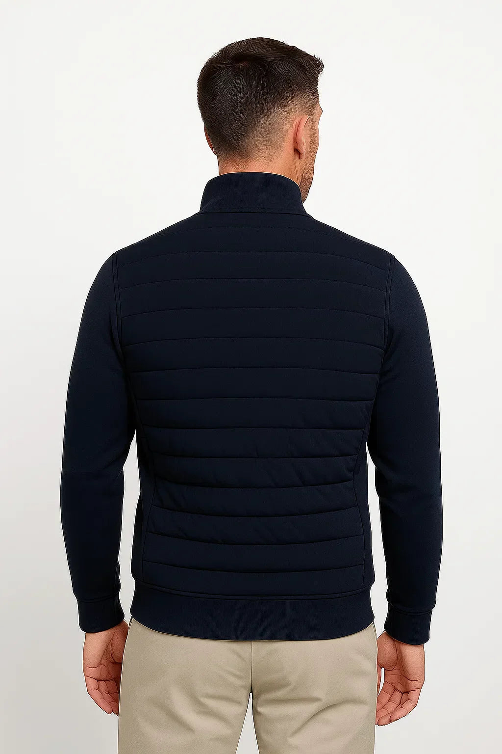 Men's Hybrid Quilted Jacket with Knitted Sleeves and Zip Closure