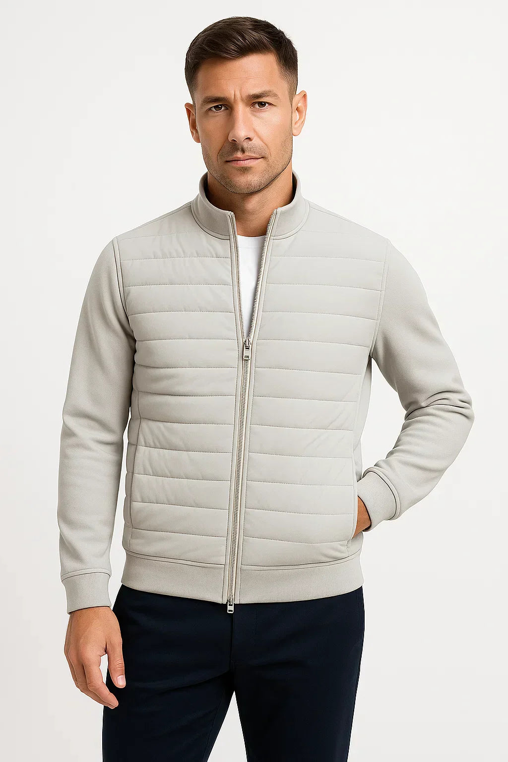 Men's Hybrid Quilted Jacket with Knitted Sleeves and Zip Closure