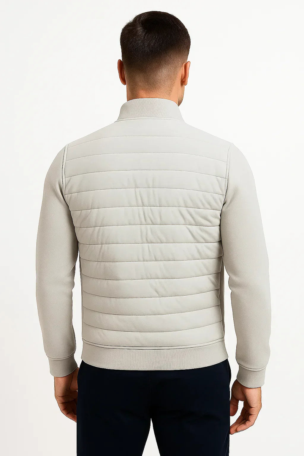 Men's Hybrid Quilted Jacket with Knitted Sleeves and Zip Closure