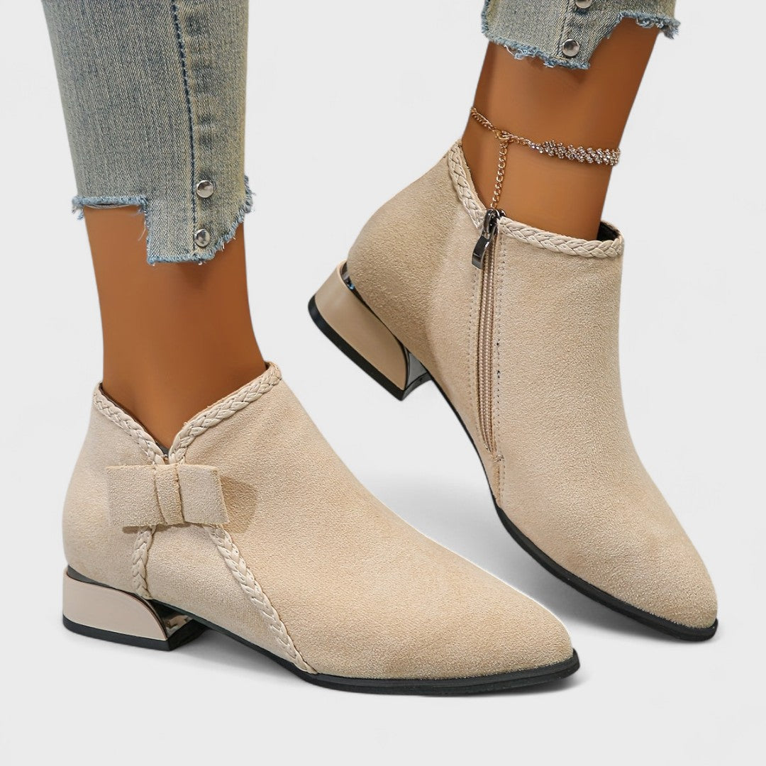 Women's Ankle Boots - Pointed Toe Side Zip Low Block Heel Bow Detail