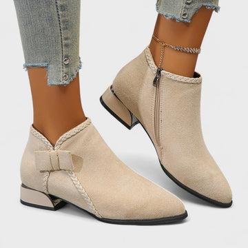 Women's Ankle Boots - Pointed Toe Side Zip Low Block Heel Bow Detail