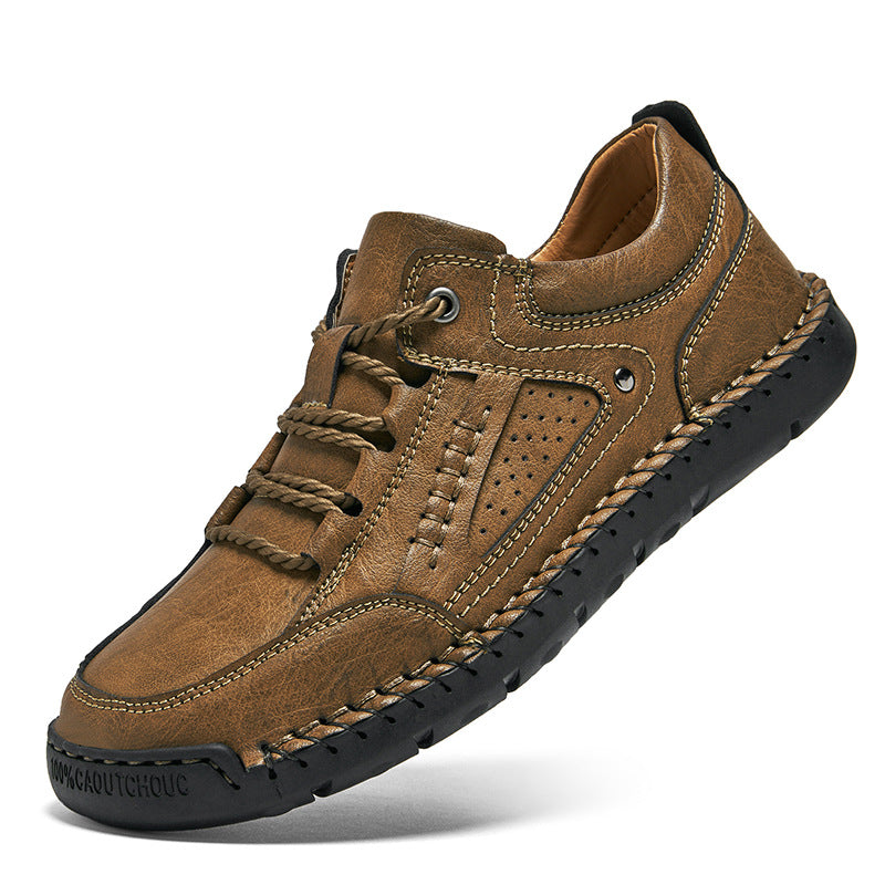 Men's Leather Lace-Up Shoes - Round Toe Rubber Sole