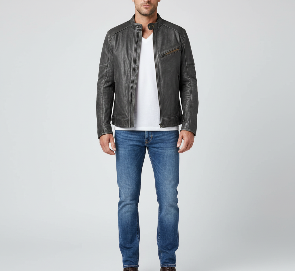 Men's Classic Leather Jacket with Zip Closure
