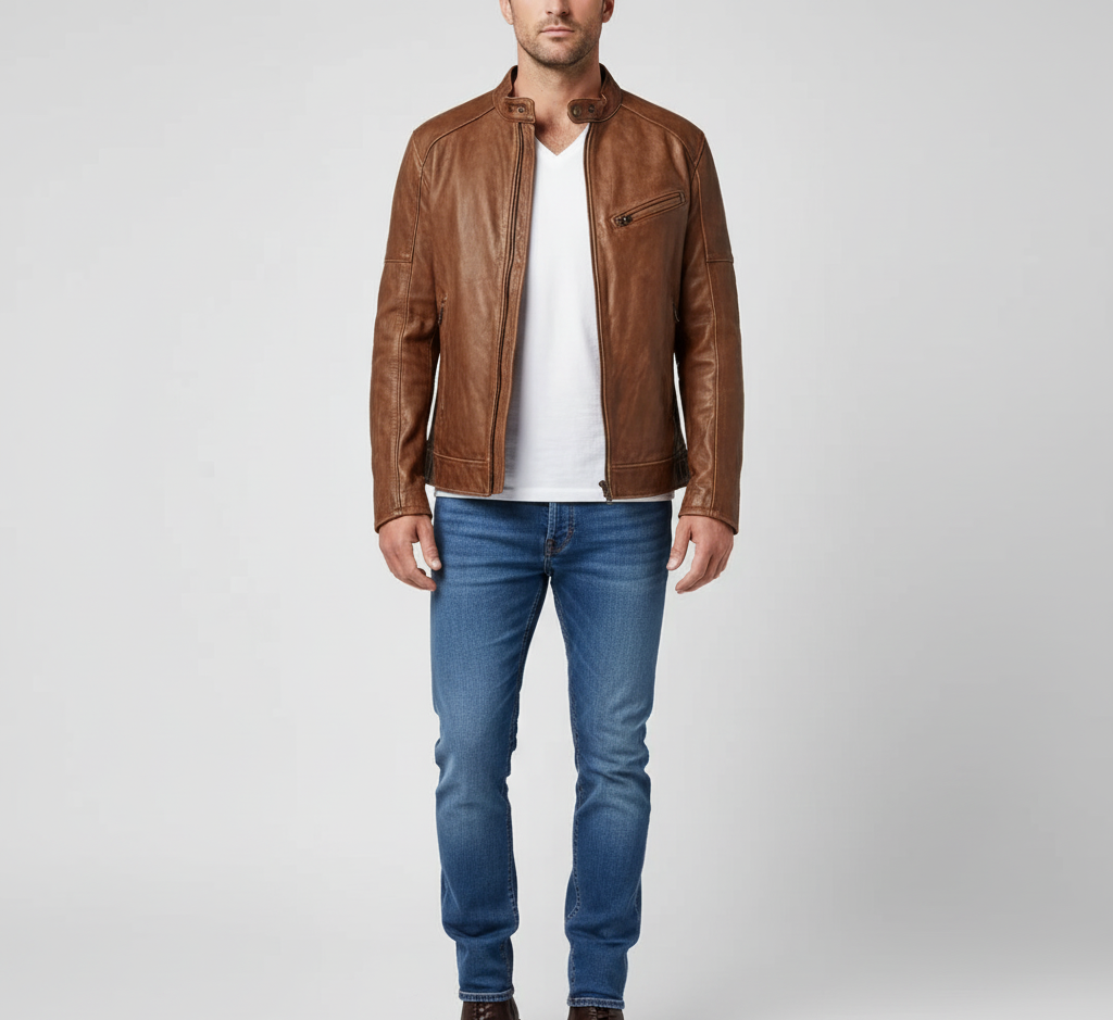 Men's Classic Leather Jacket with Zip Closure
