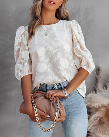 Women’s Textured Puff-Sleeve Jacquard Blouse with Refined Silhouette
