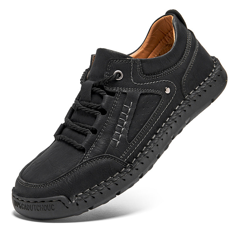 Men's Leather Lace-Up Shoes - Round Toe Rubber Sole
