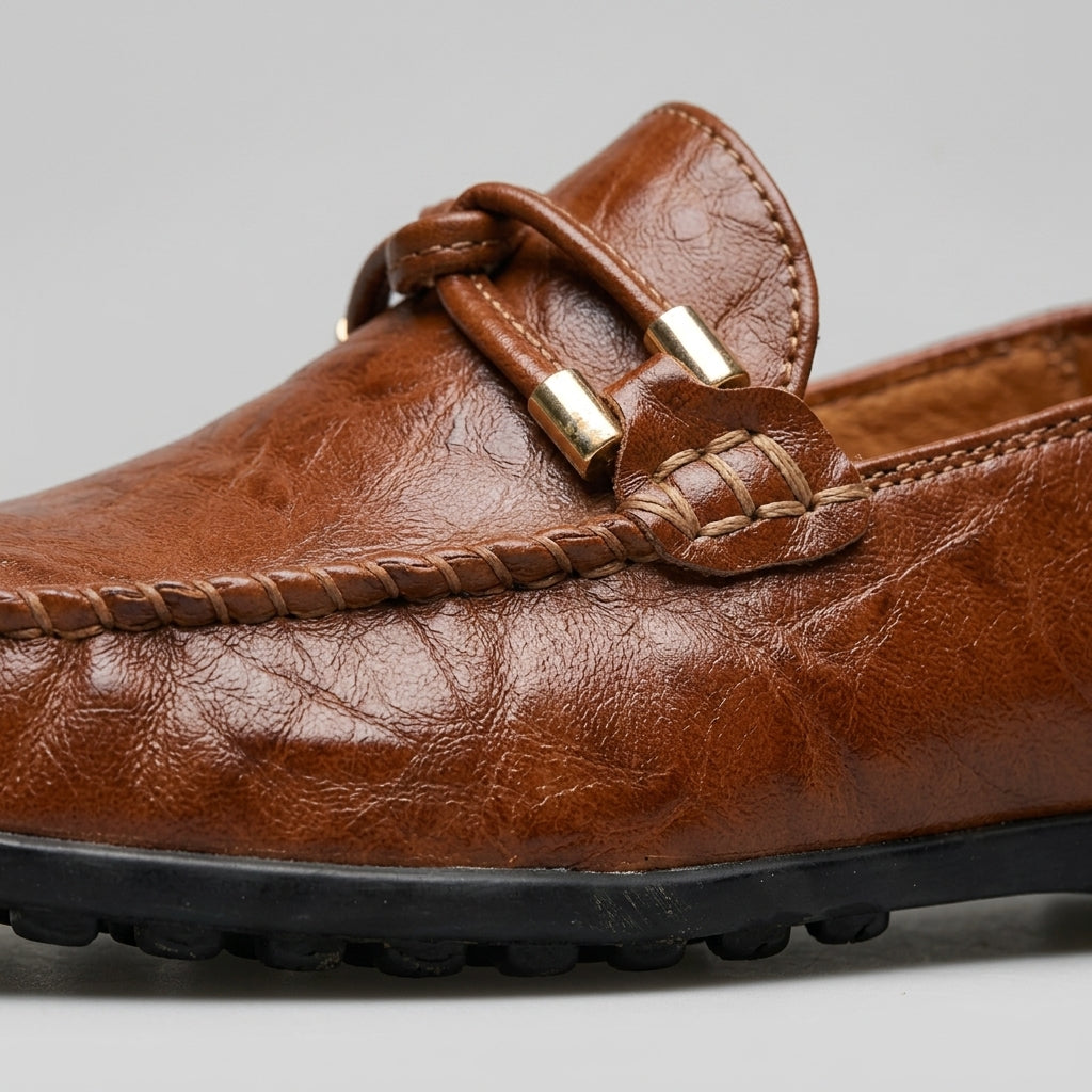 Men's Leather Driving Loafers with Ring Buckle Detail