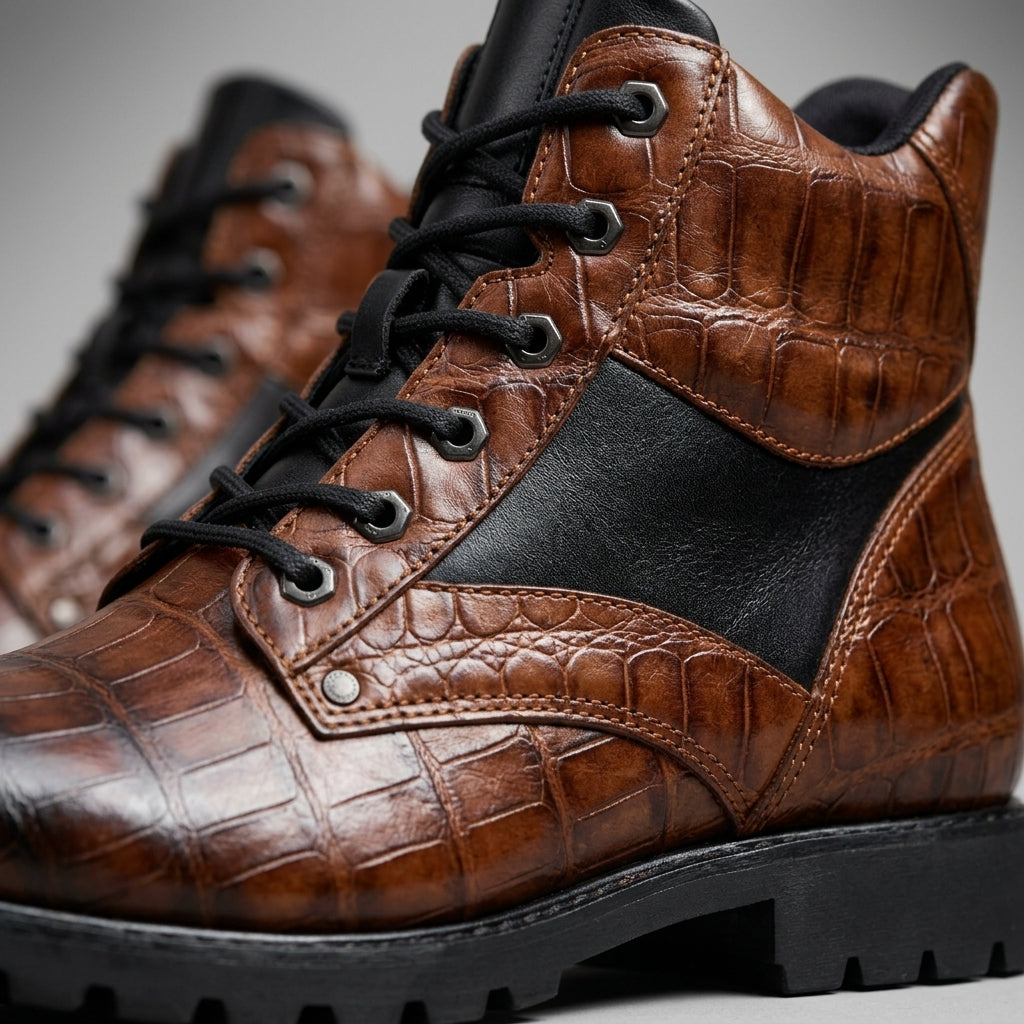 Men's Ankle Boots Lace-Up Croc-Embossed Panel Lugged Sole