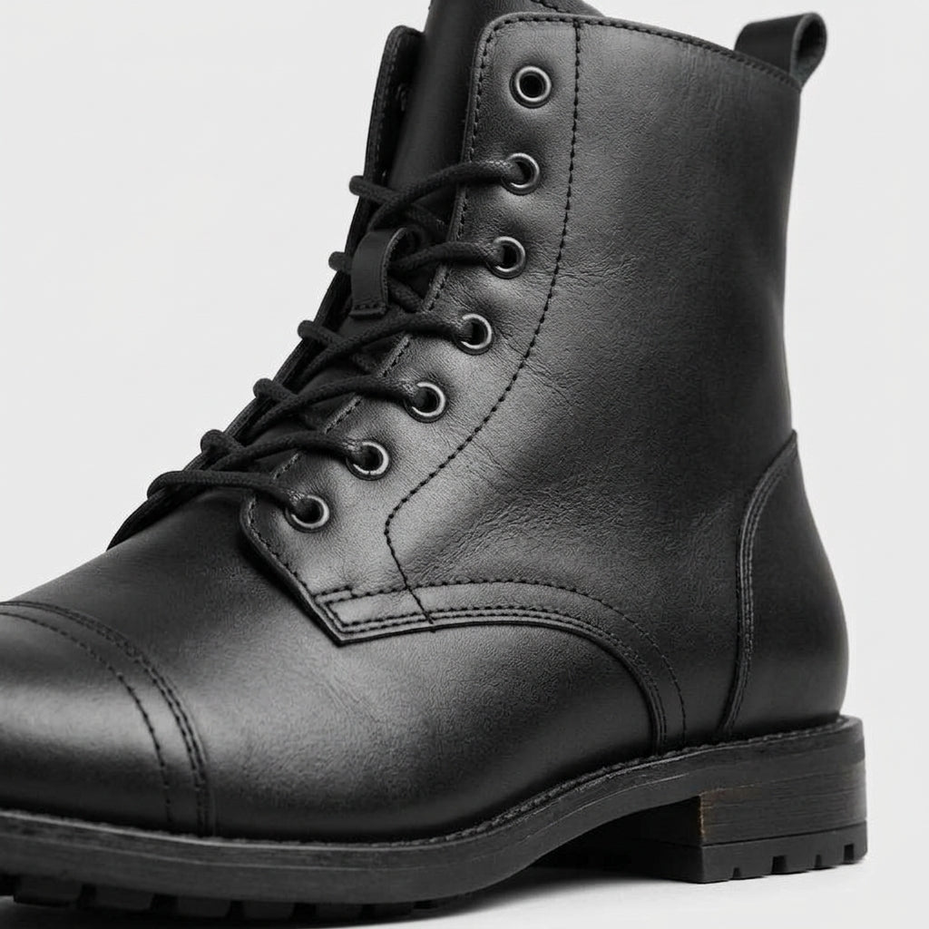 Men's Ankle Boots Lace-Up Cap-Toe Leather Low Block Heel
