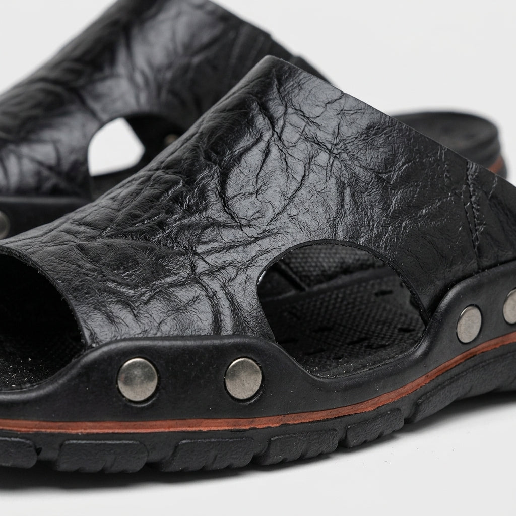 Men's Leather Slide Sandals - Open Toe Studded Sole