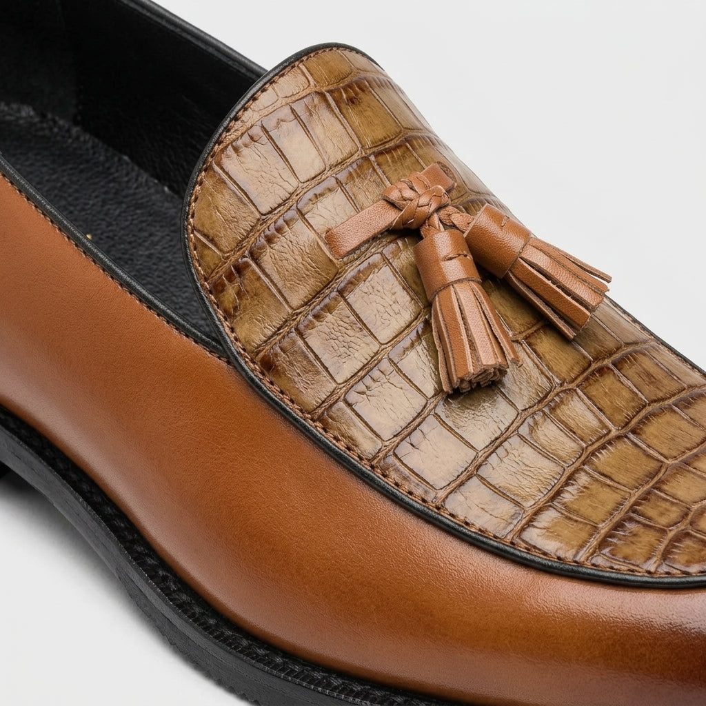 Men's Penny Loafers Leather - Tassel Detail - Croc-Embossed Vamp