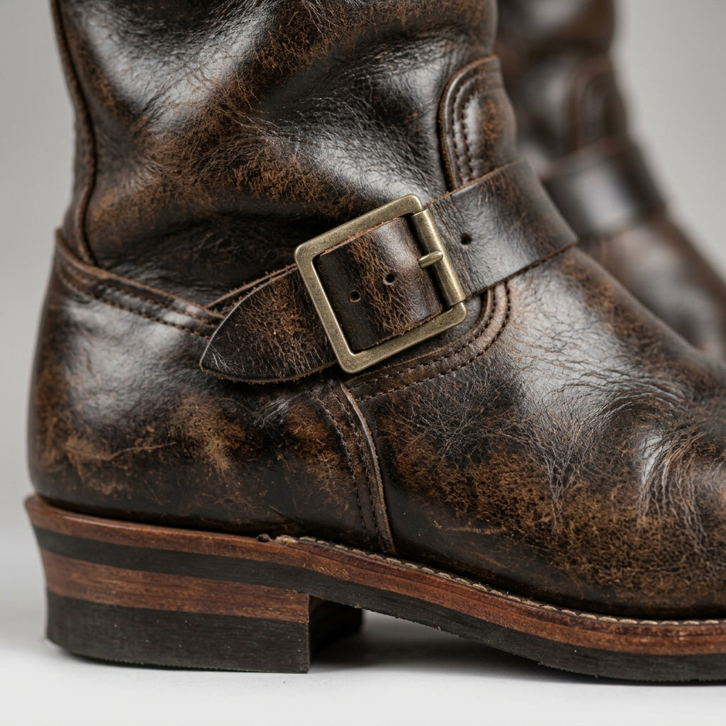 Men's Boots Leather Mid-Calf Double Buckle Round Toe Low Heel