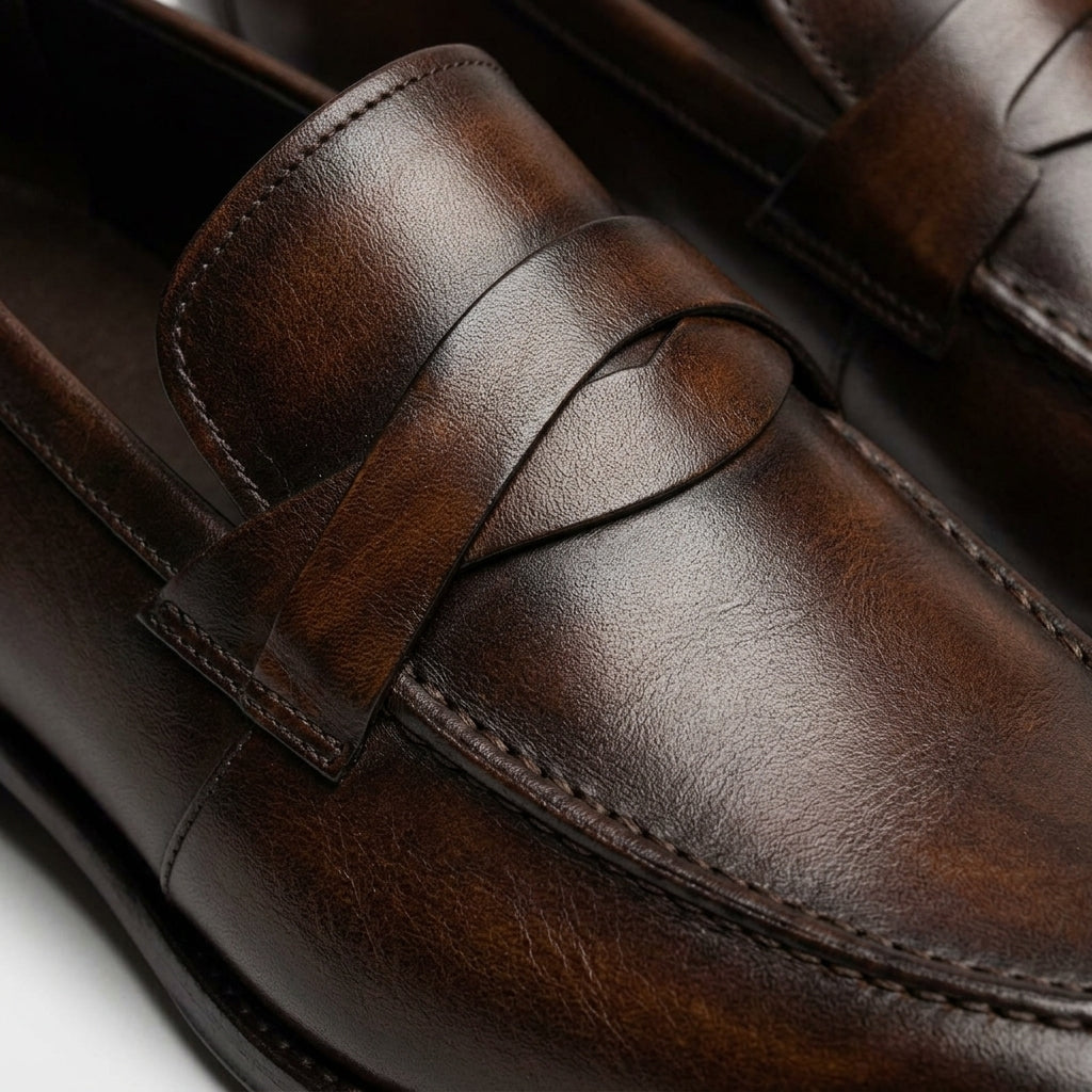 Men's Penny Loafers - Round Toe - Slip-On - Low Heel - Leather
