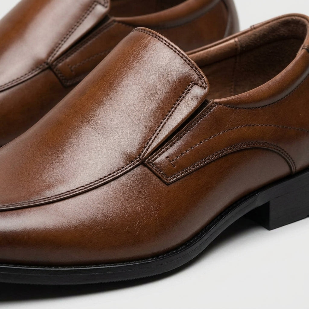 Men's Loafers Square Toe Slip-On Leather Low Block Heel