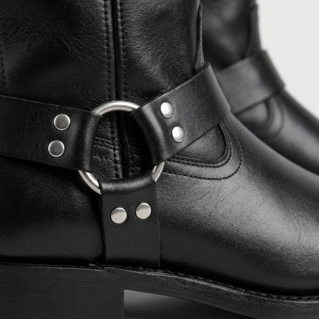 Men's Leather Harness Boots - Square Toe Buckle Strap