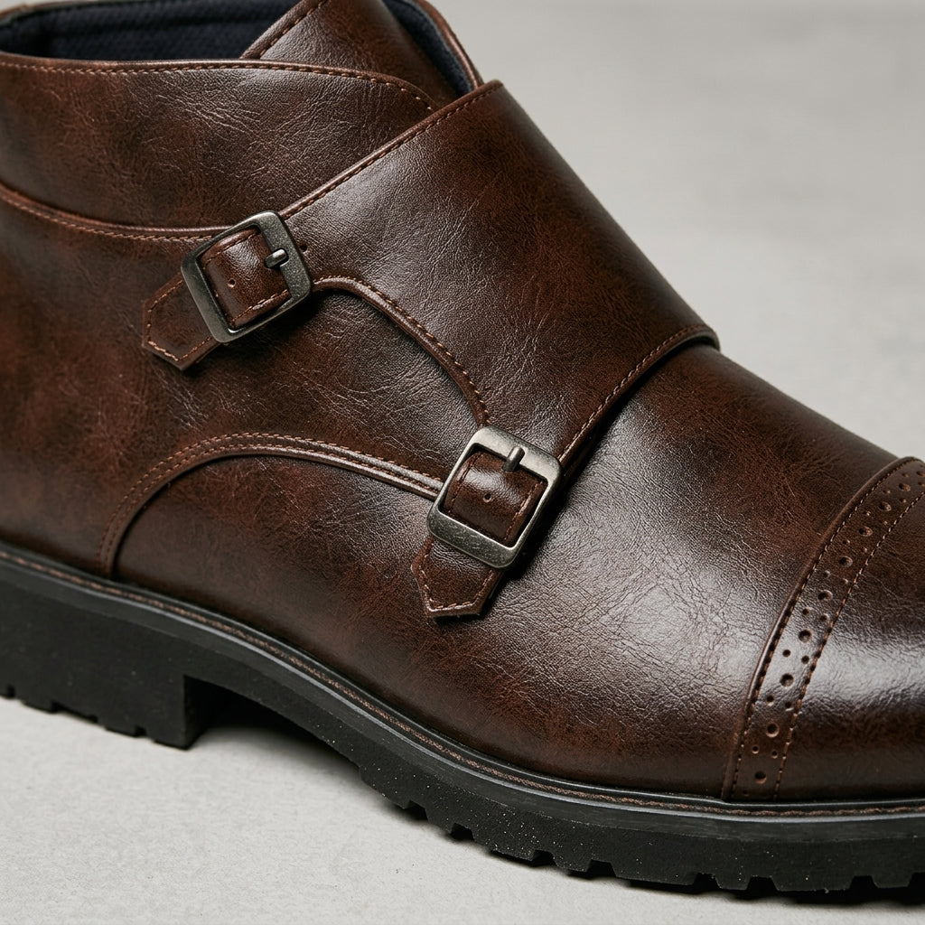 Men's Ankle Boots - Leather Double Monk Strap Cap Toe