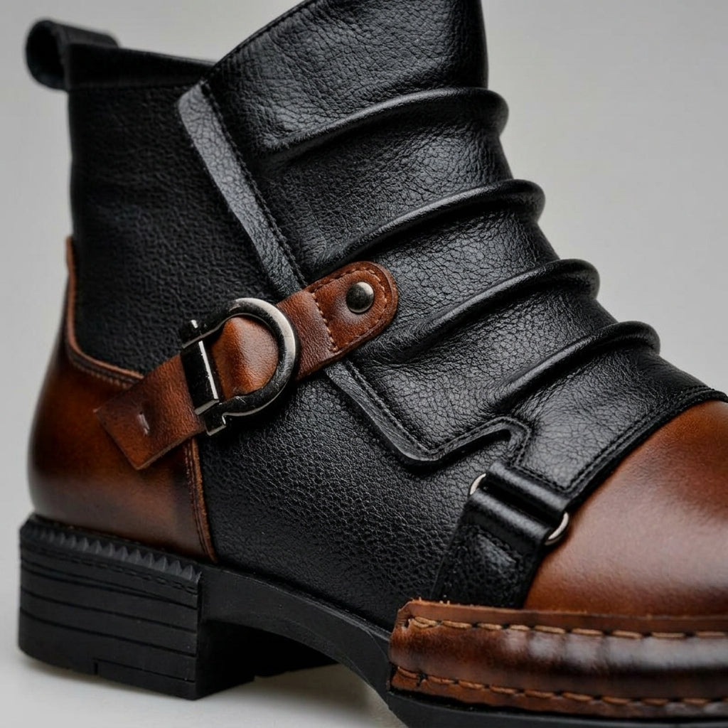 Men's Ankle Boots - Multi-Buckle Strap - Two-Tone Leather - Block Heel
