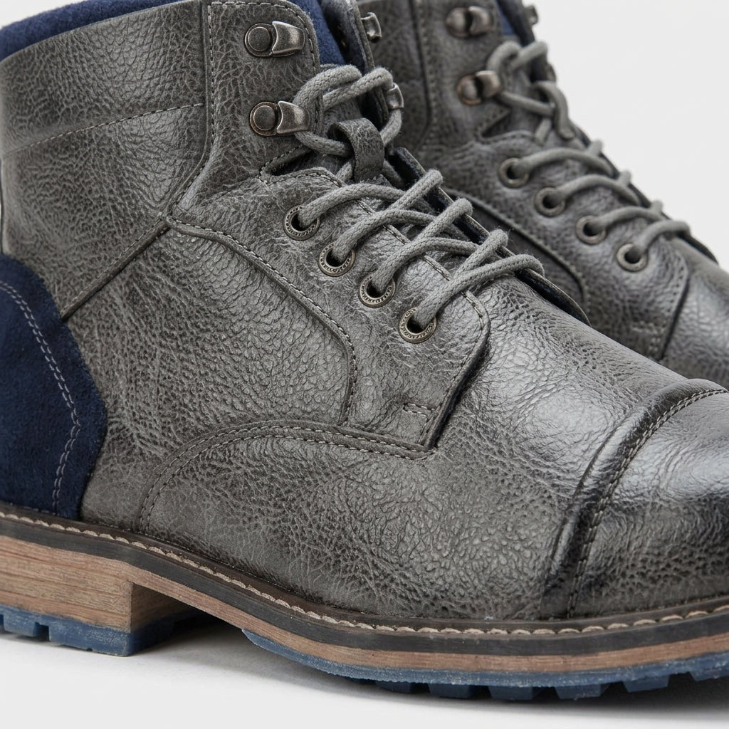 Men's Boots - Ankle Lace-Up Cap Toe Zip Side Low Heel