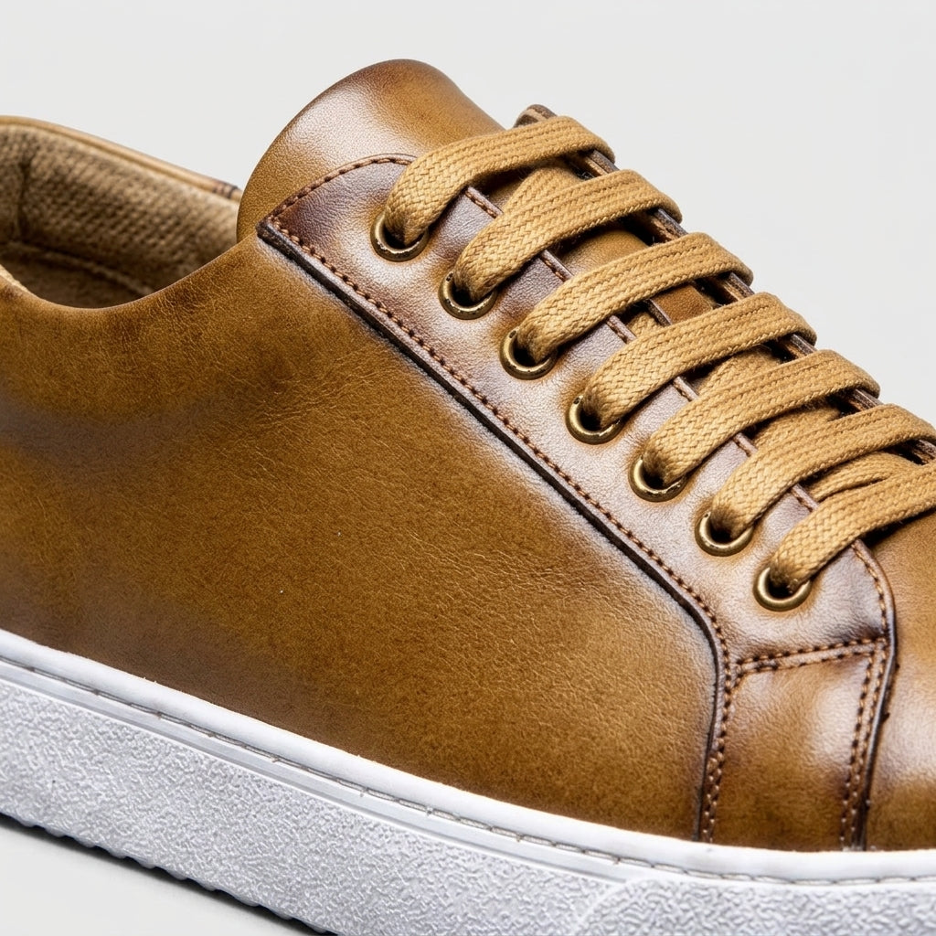 Men's Leather Low Top Sneakers - Round Toe Lace-Up
