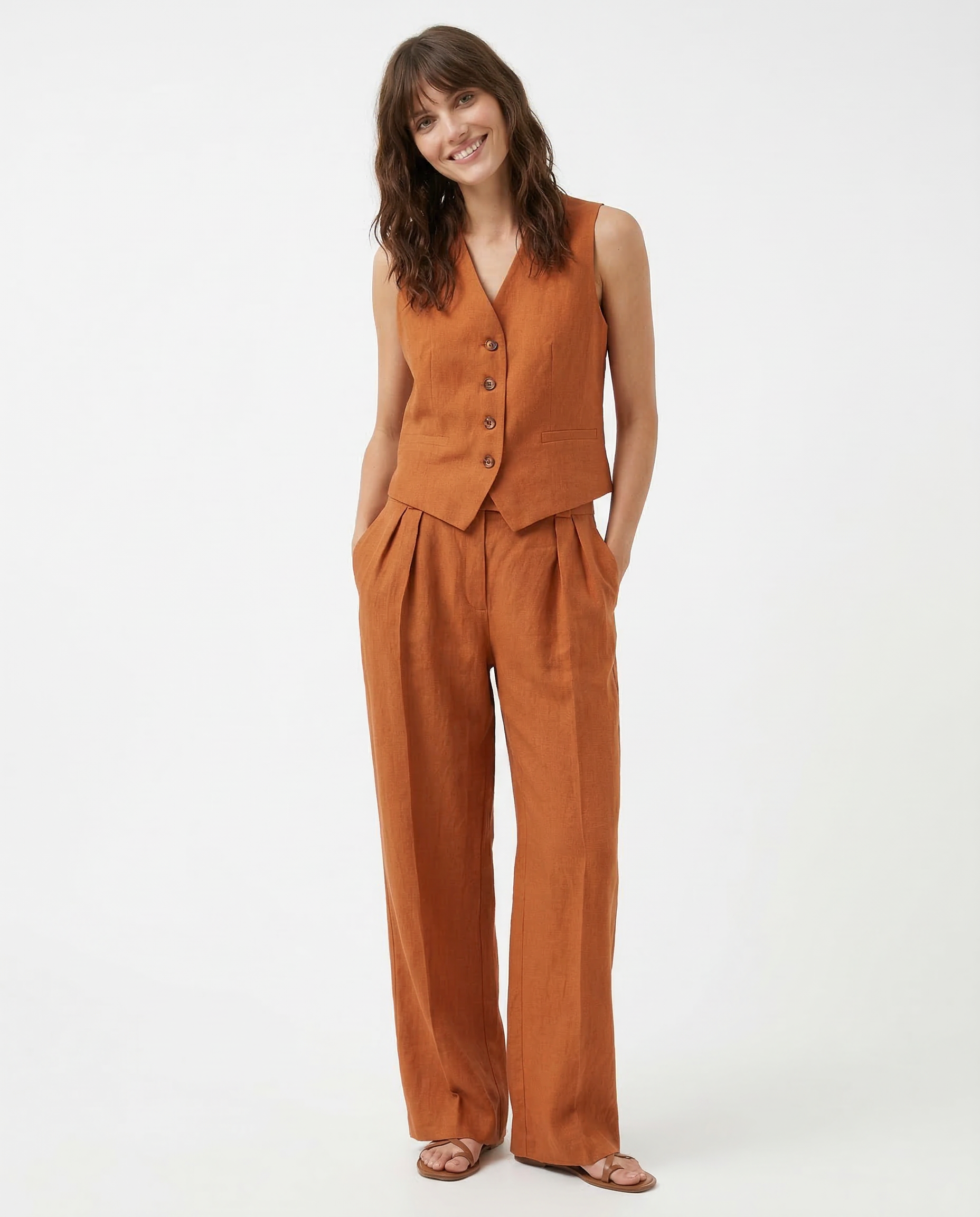 Marguerite | Elegant Linen Vest Wide Leg Trouser Set