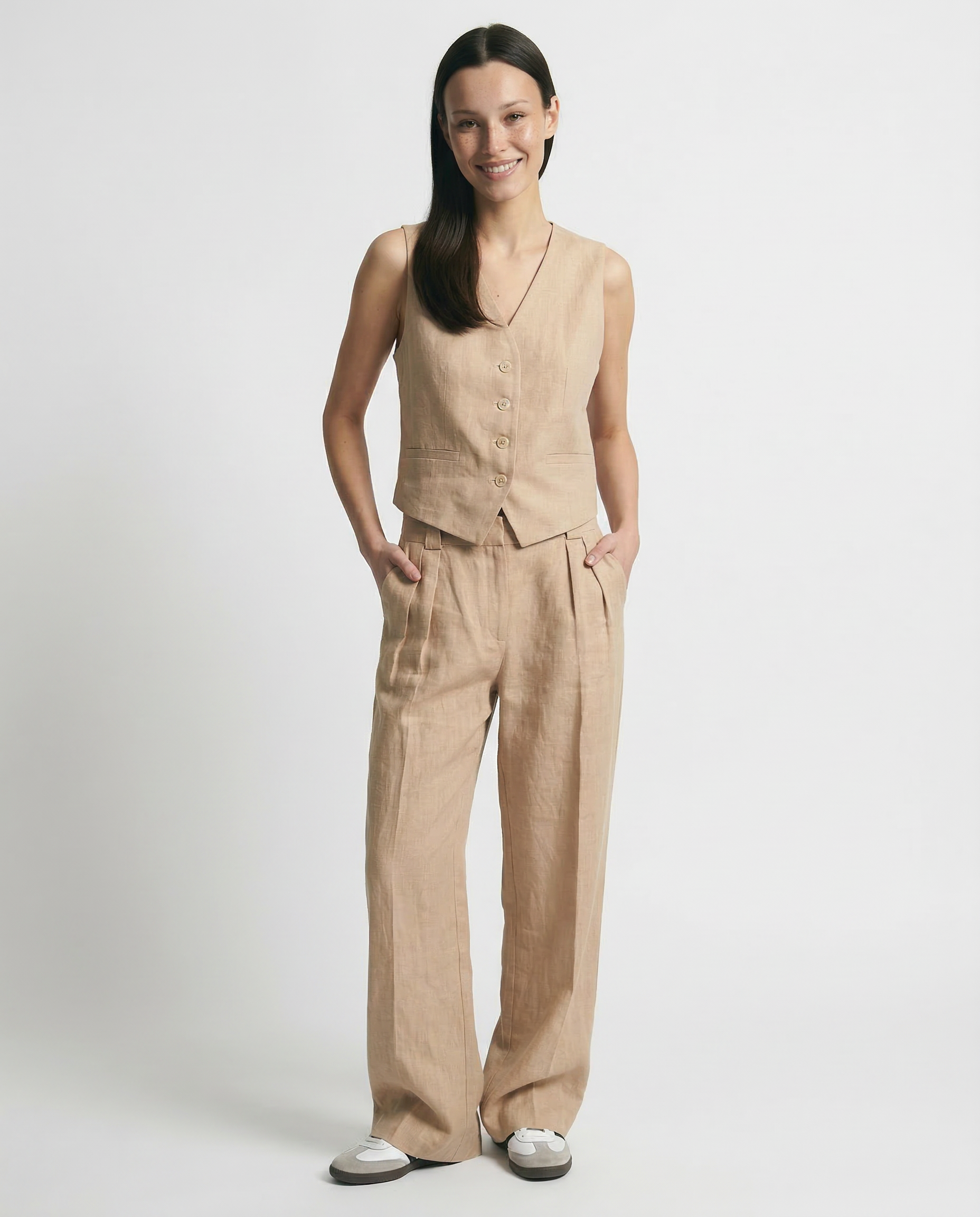 Marguerite | Elegant Linen Vest Wide Leg Trouser Set