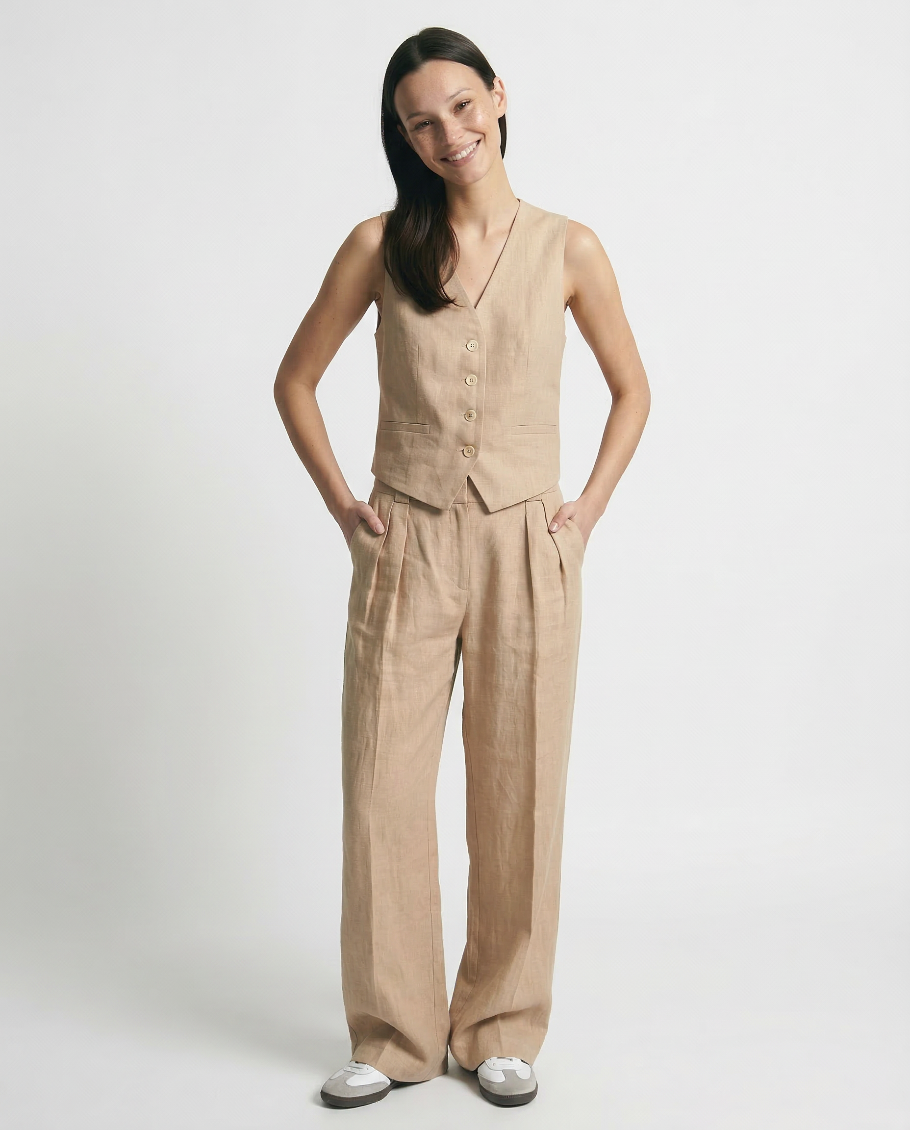Marguerite | Elegant Linen Vest Wide Leg Trouser Set
