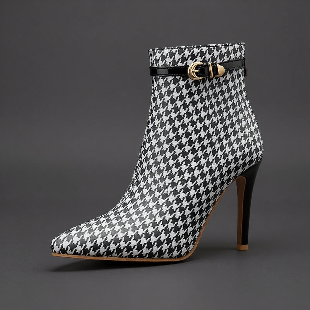 Women's Ankle Boots Houndstooth Pattern Pointed Toe Stiletto Heel
