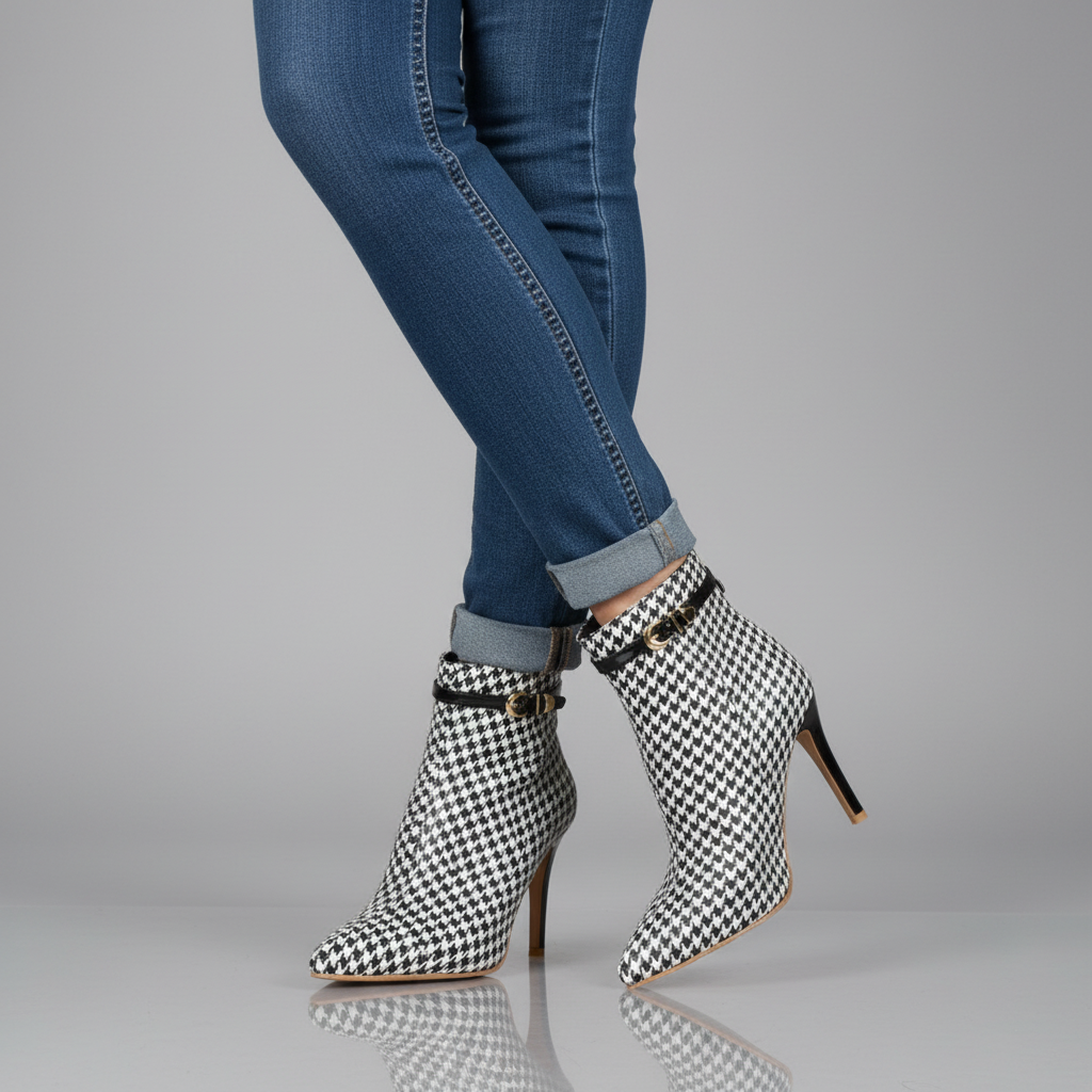 Women's Ankle Boots Houndstooth Pattern Pointed Toe Stiletto Heel