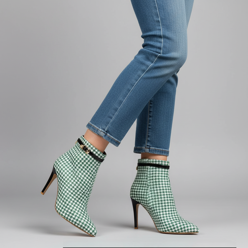 Women's Ankle Boots Houndstooth Pattern Pointed Toe Stiletto Heel