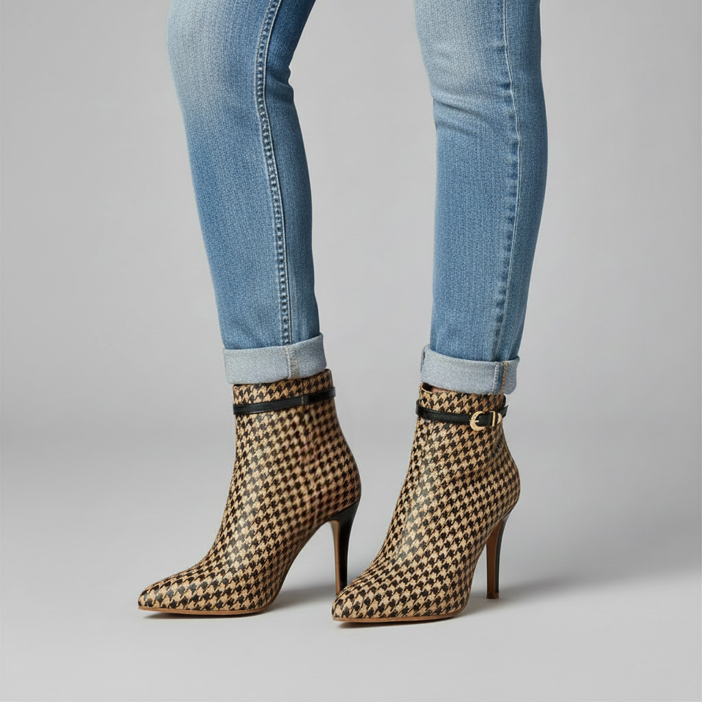 Women's Ankle Boots Houndstooth Pattern Pointed Toe Stiletto Heel