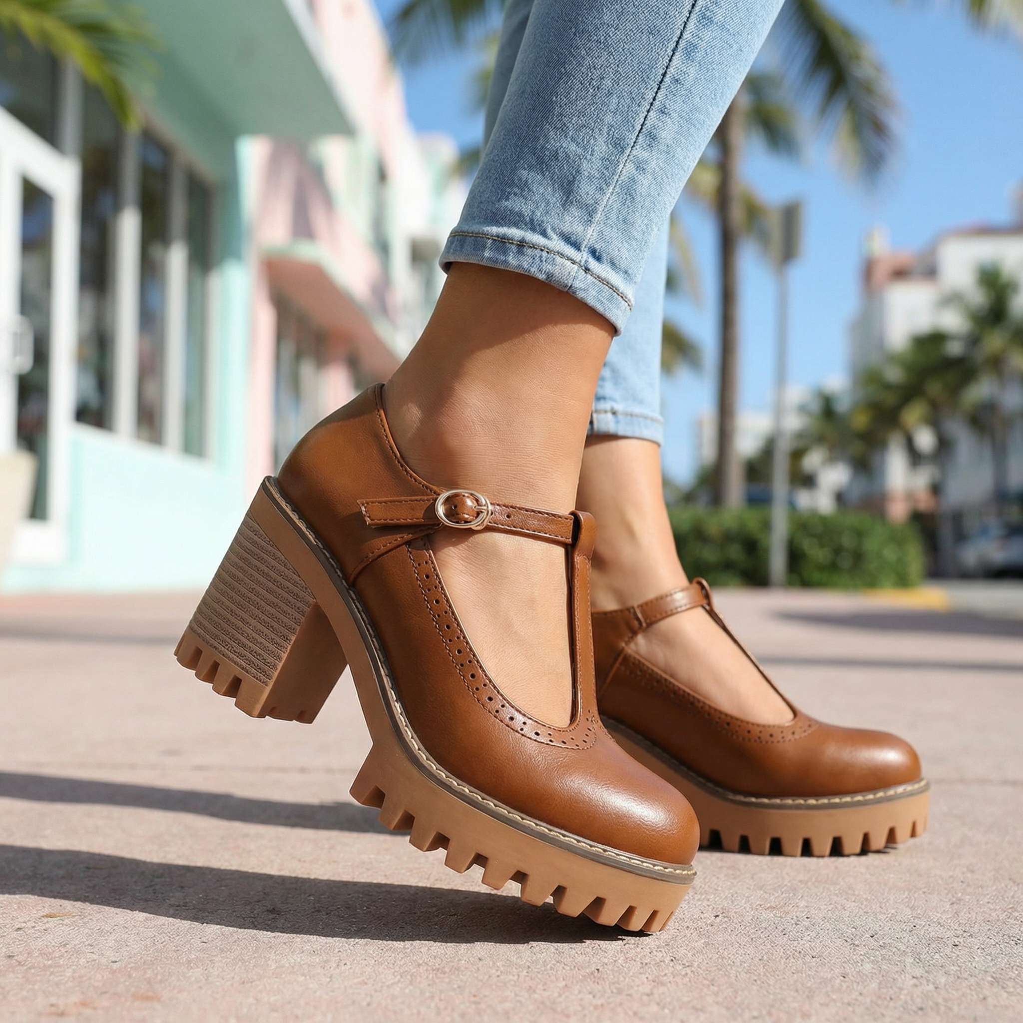 Women's Mary Jane Heels - T-Strap - Block Heel - Platform - Lug Sole