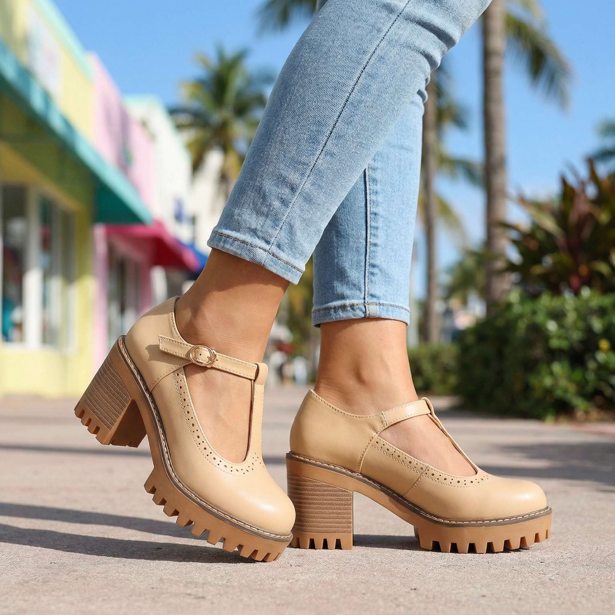 Women's Mary Jane Heels - T-Strap - Block Heel - Platform - Lug Sole