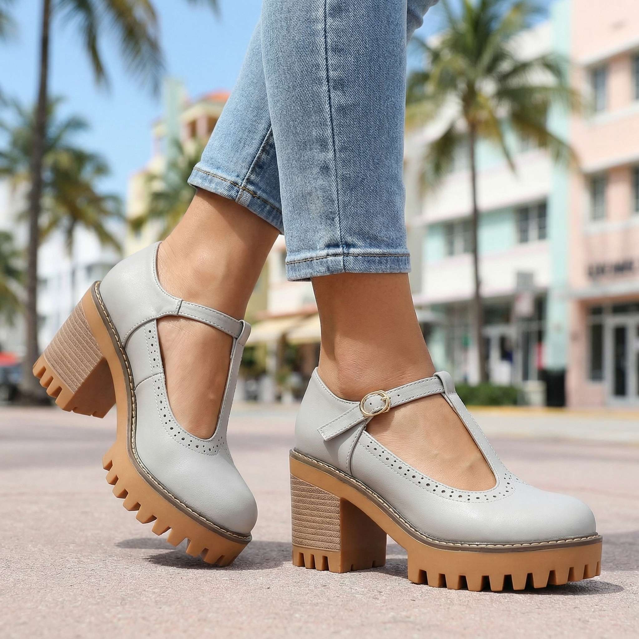 Women's Mary Jane Heels - T-Strap - Block Heel - Platform - Lug Sole