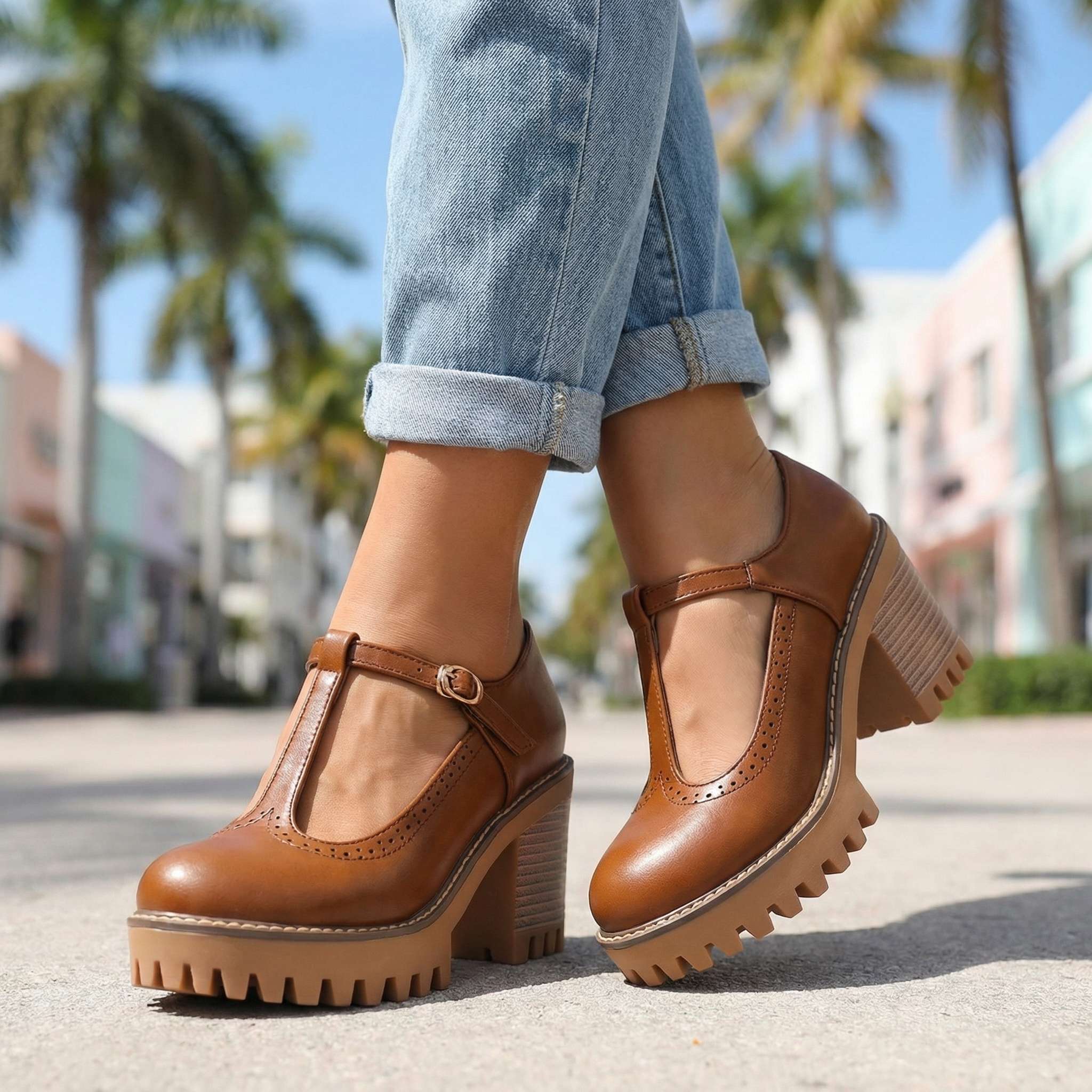 Women's Mary Jane Heels - T-Strap - Block Heel - Platform - Lug Sole