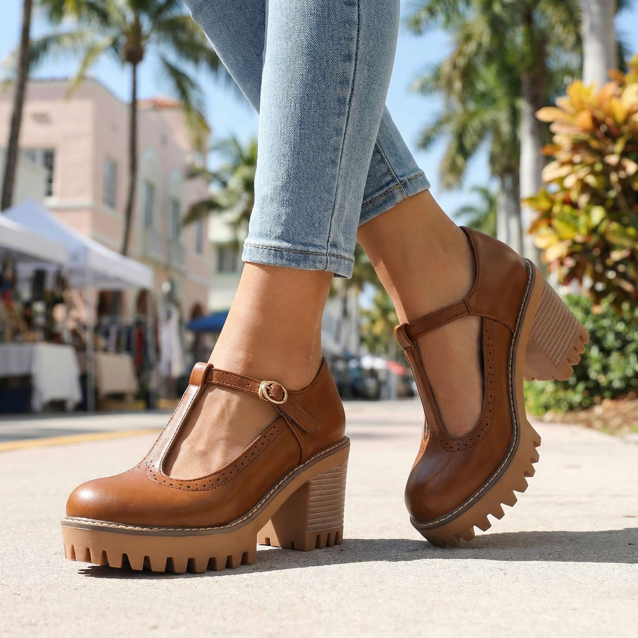 Women's Mary Jane Heels - T-Strap - Block Heel - Platform - Lug Sole