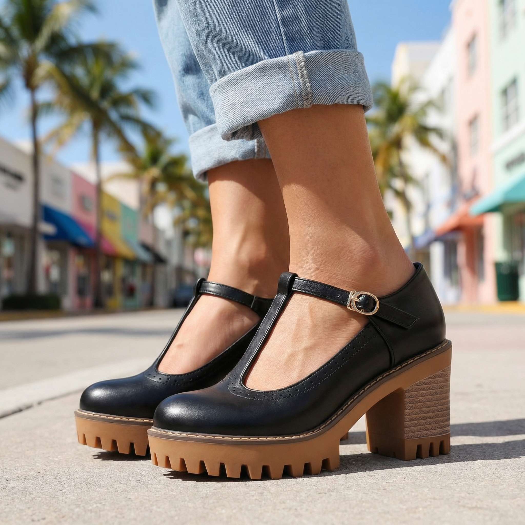 Women's Mary Jane Heels - T-Strap - Block Heel - Platform - Lug Sole