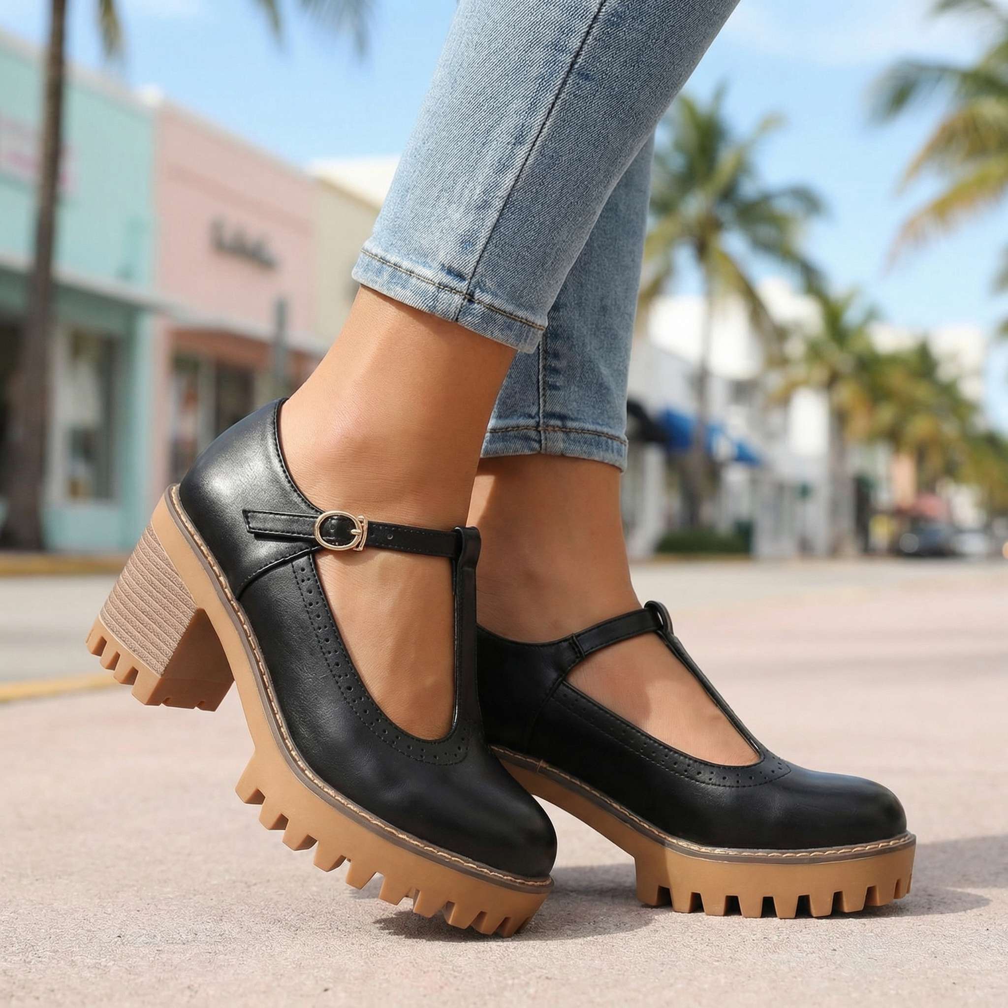 Women's Mary Jane Heels - T-Strap - Block Heel - Platform - Lug Sole
