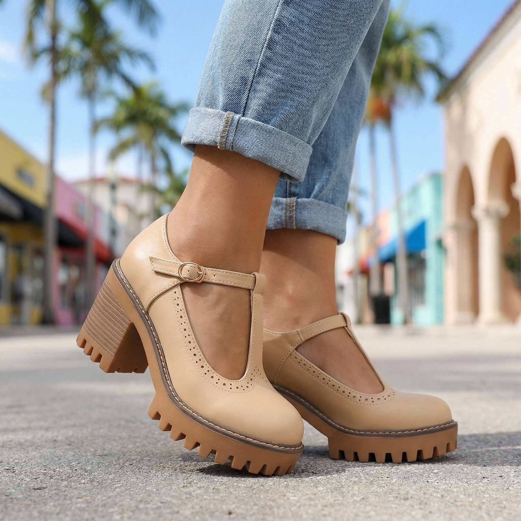 Women's Mary Jane Heels - T-Strap - Block Heel - Platform - Lug Sole