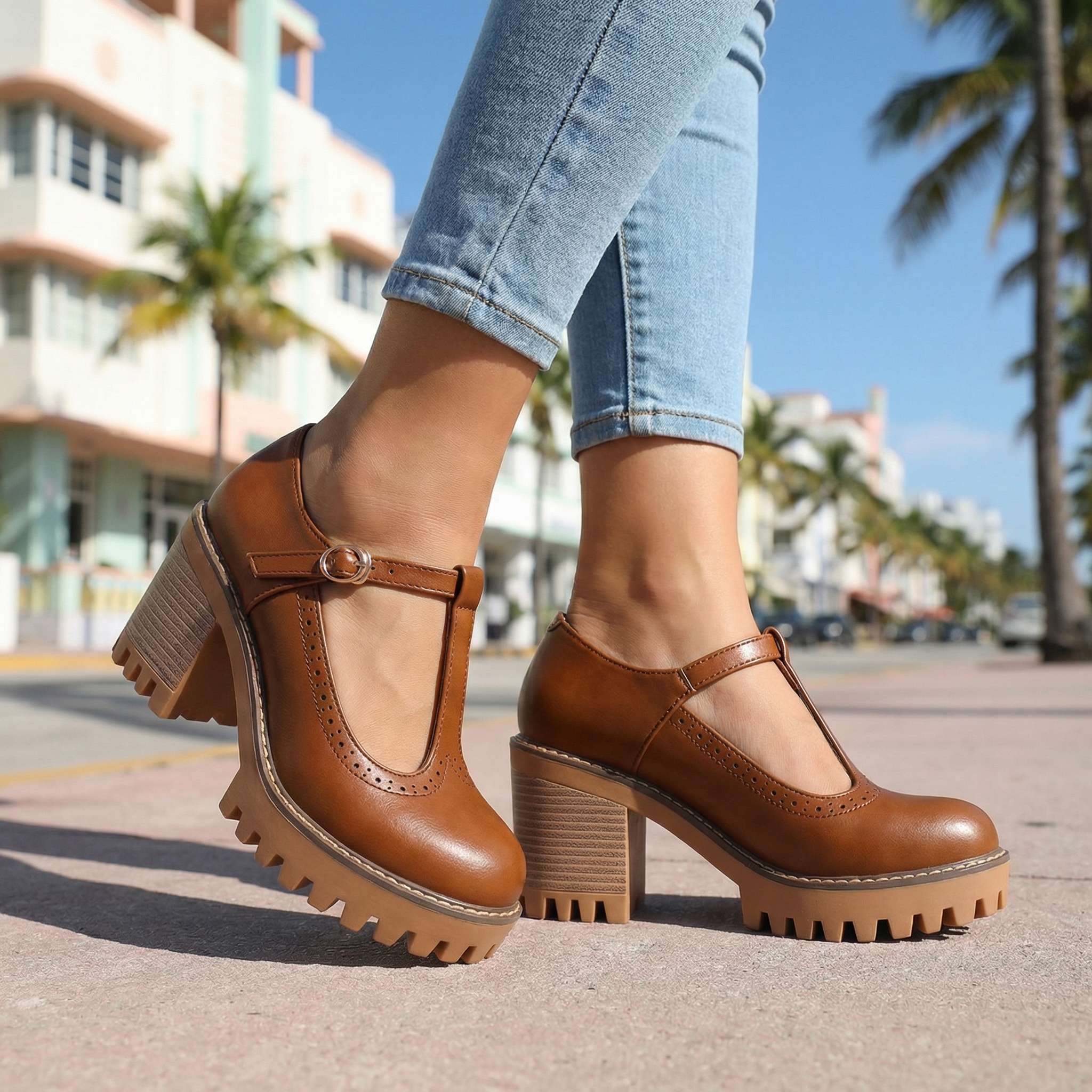 Women's Mary Jane Heels - T-Strap - Block Heel - Platform - Lug Sole