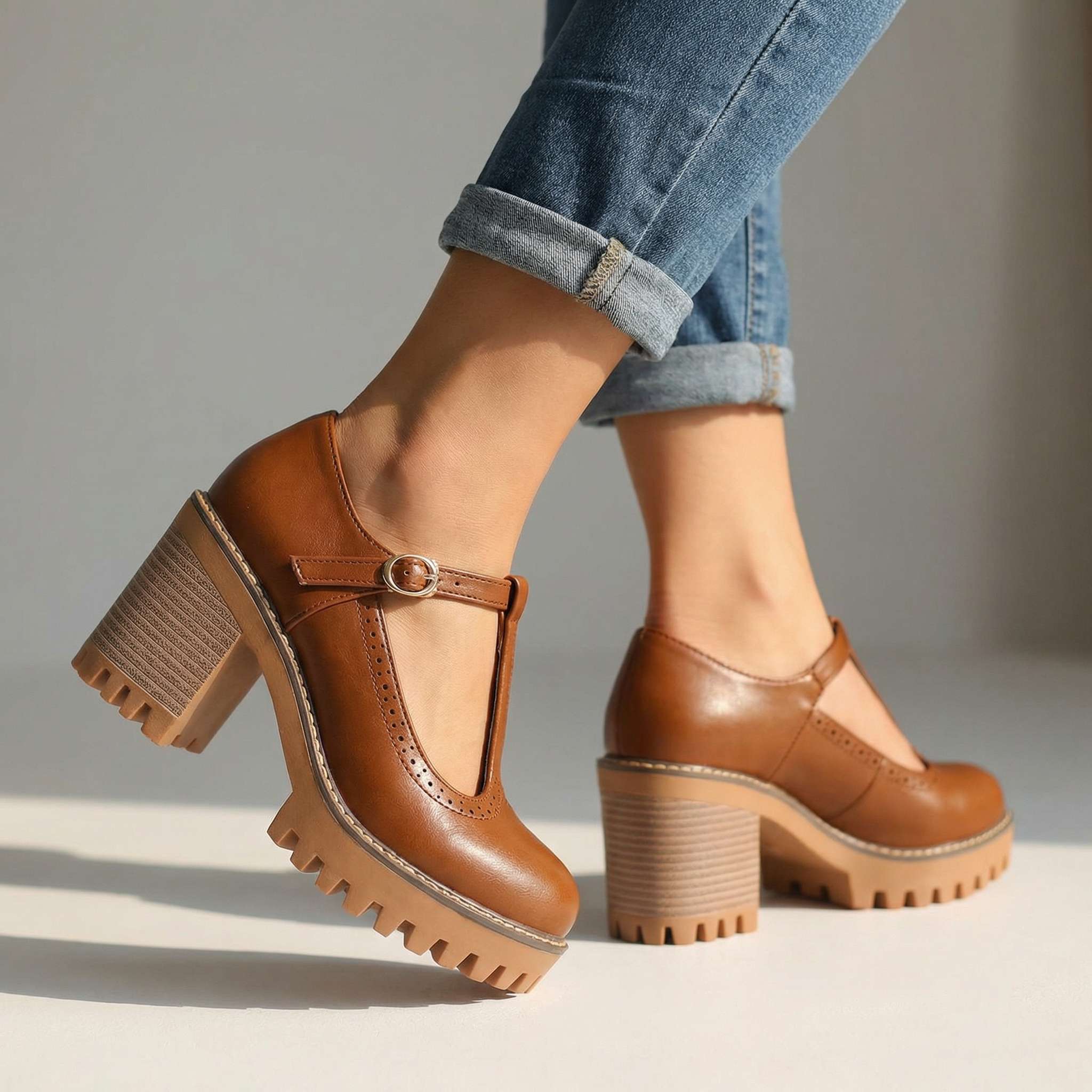 Women's Mary Jane Heels - T-Strap - Block Heel - Platform - Lug Sole