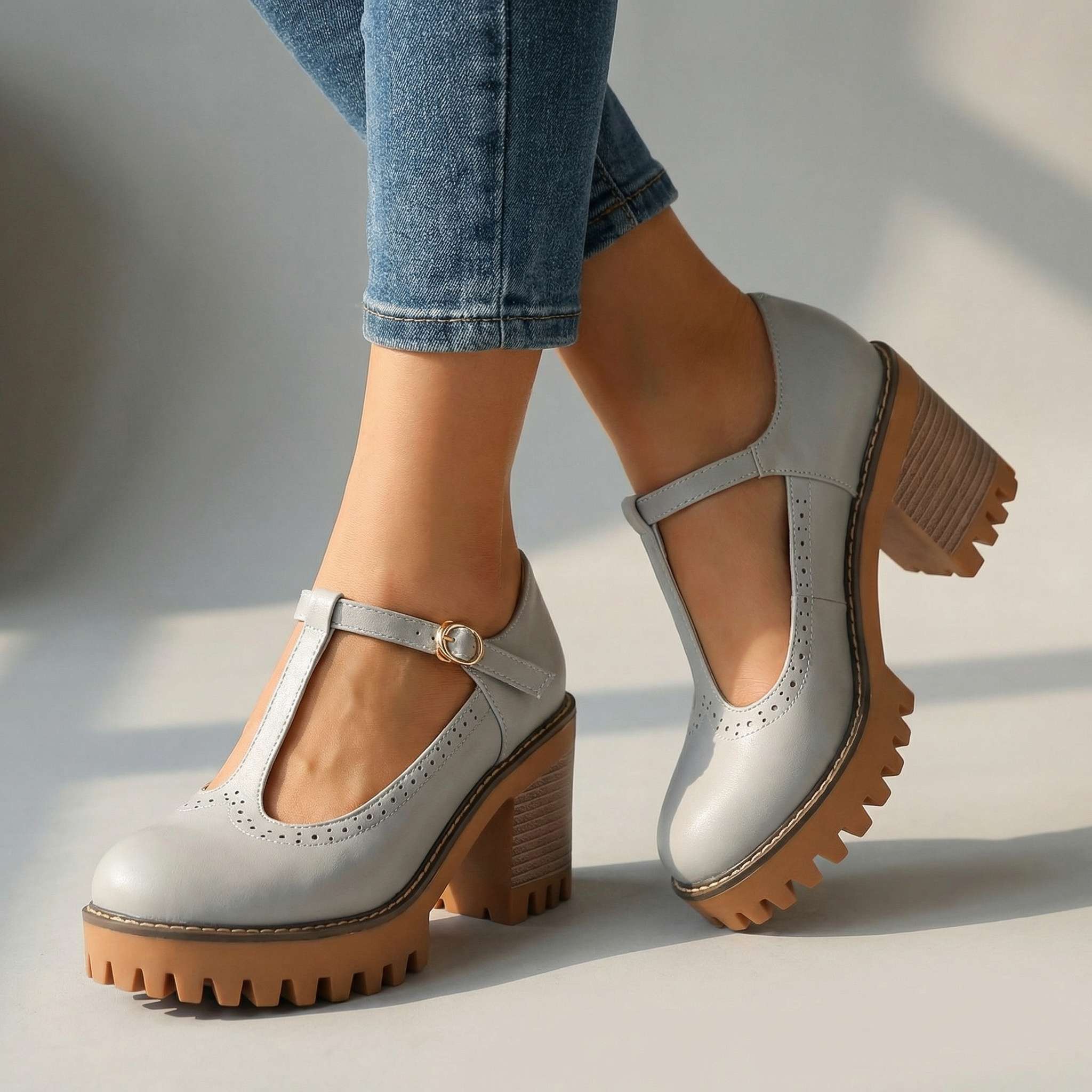Women's Mary Jane Heels - T-Strap - Block Heel - Platform - Lug Sole