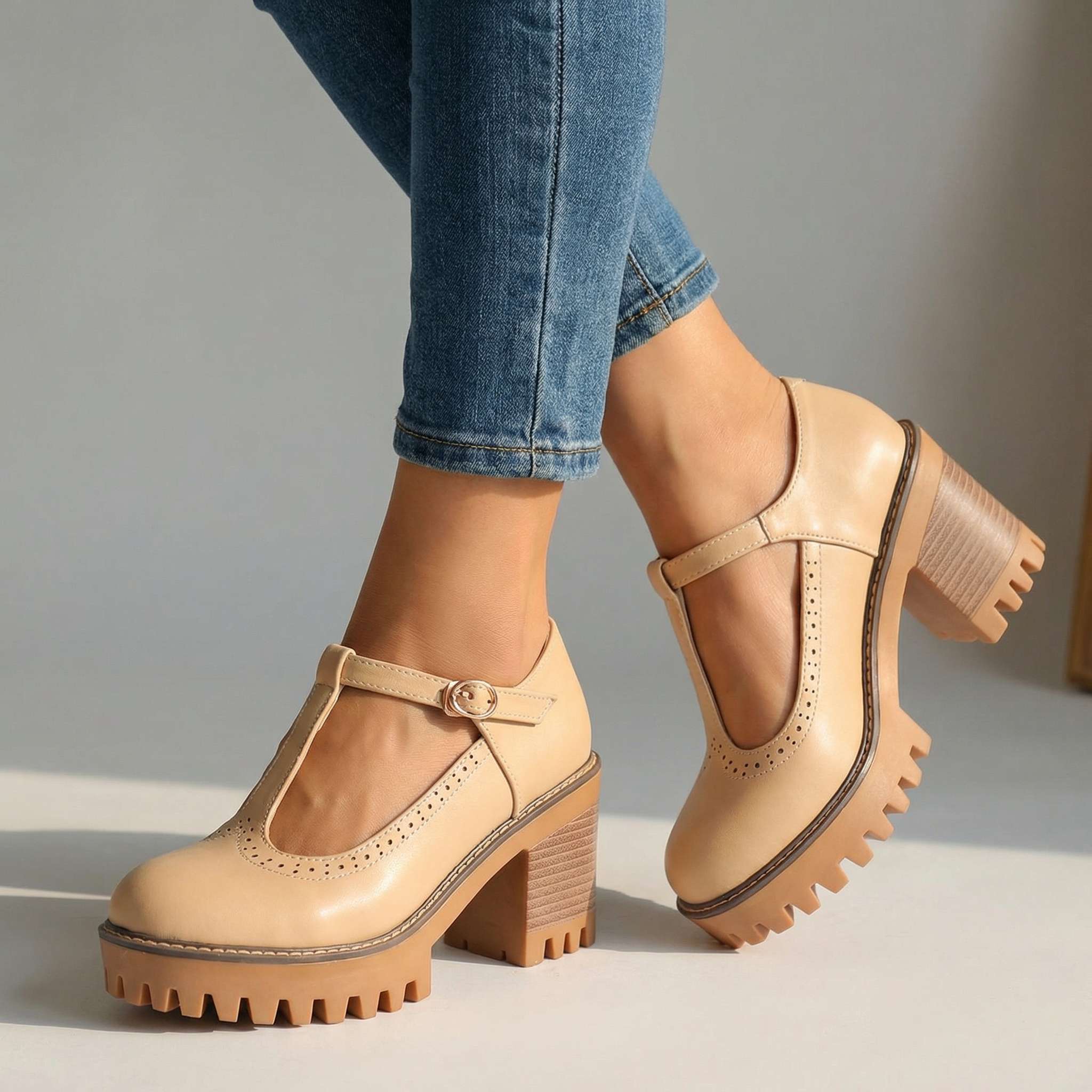 Women's Mary Jane Heels - T-Strap - Block Heel - Platform - Lug Sole
