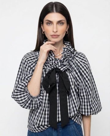 Celestina | Romantic Gingham Check Ruffled Bow Blouse