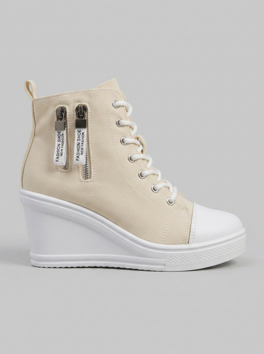 Women's Heeled Canvas Wedge Sneakers - Cap Toe Lace-Up